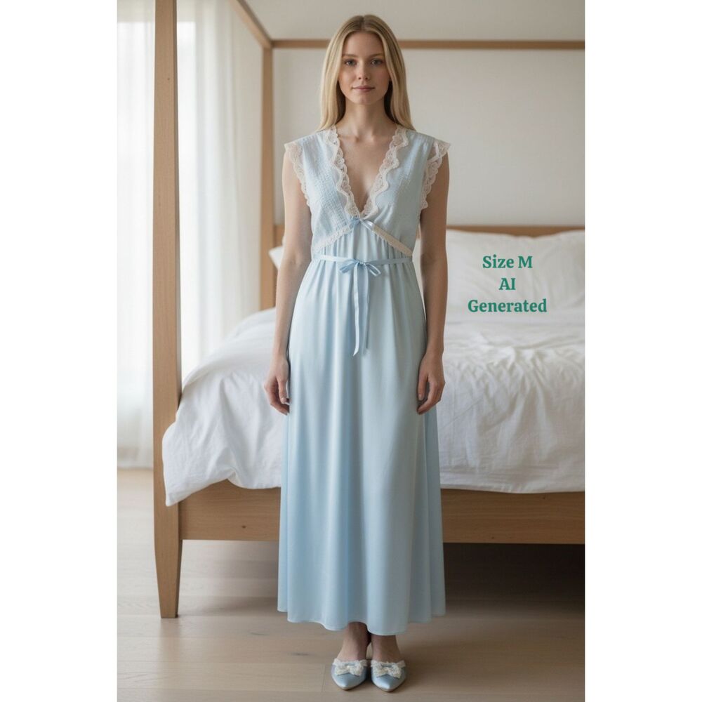 VTG Barbizon Nightgown NWT Pastel Blue Lace Trim Pintuck Maxi Satin M medium